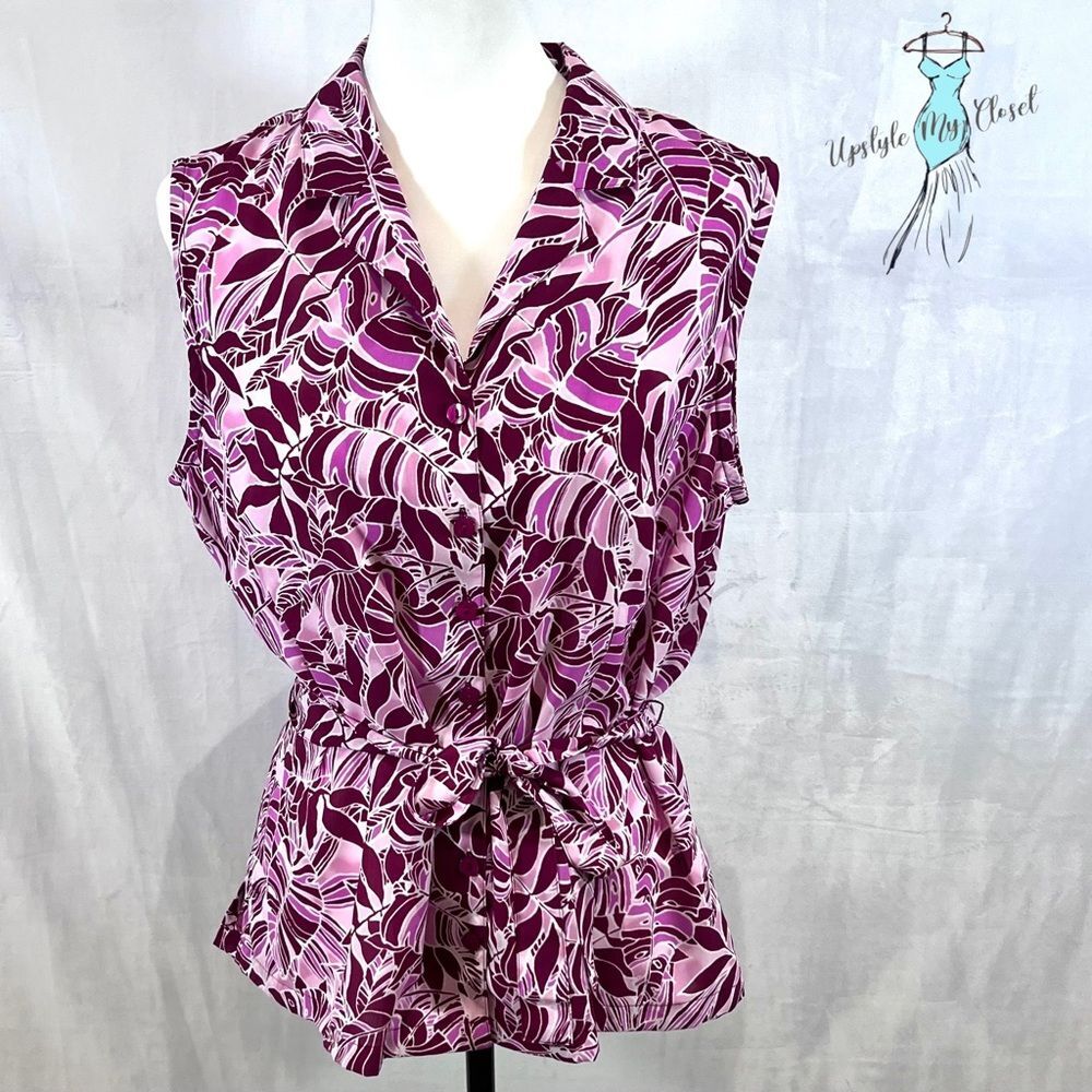 Jaclyn Smith burgundy and pink belted button down blouse top size large
